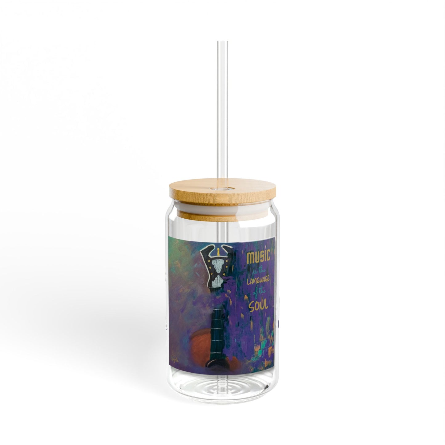 Music is the Language of the Soul Glass Can Cup | D’Angelico Guitar Design | 16oz Iced Coffee Cup with Bamboo Lid & Straw | Gift for Musicians