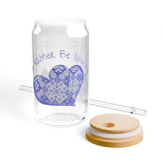 I'd Rather Be Quilting Glass Can Cup | Coquette Blue Porcelain Original Design