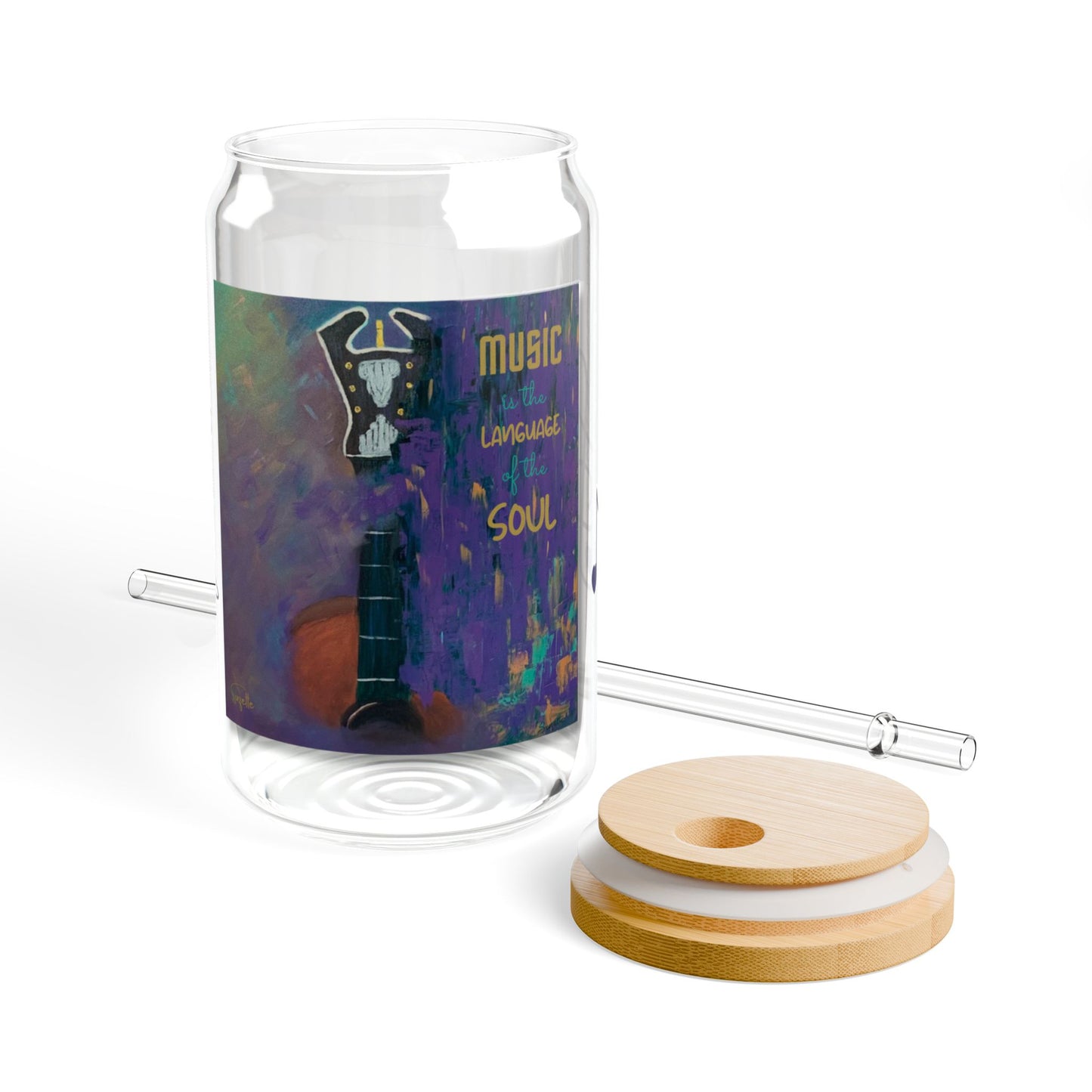 Music is the Language of the Soul Glass Can Cup | D’Angelico Guitar Design | 16oz Iced Coffee Cup with Bamboo Lid & Straw | Gift for Musicians