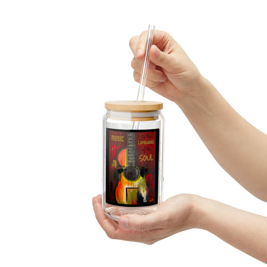 Music is the Language of the Soul Glass Can Cup | Red Passion Guitar Art | 16oz Iced Coffee Cup with Bamboo Lid & Straw | Gift for Musicians & Music Lovers