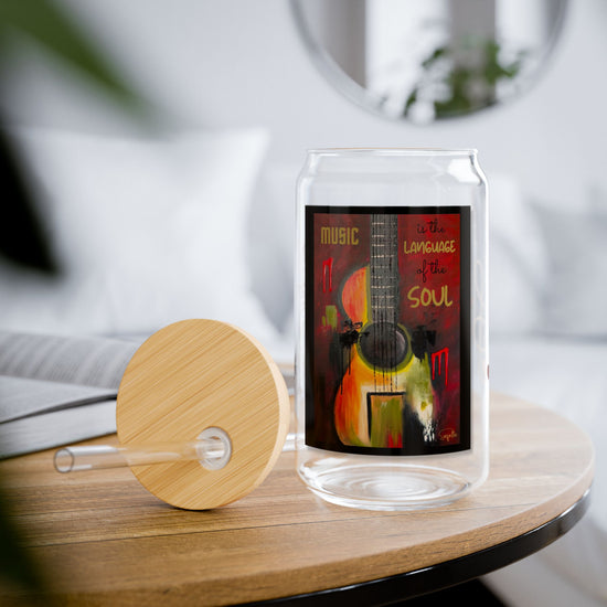 Music is the Language of the Soul Glass Can Cup | Red Passion Guitar Art | 16oz Iced Coffee Cup with Bamboo Lid & Straw | Gift for Musicians & Music Lovers