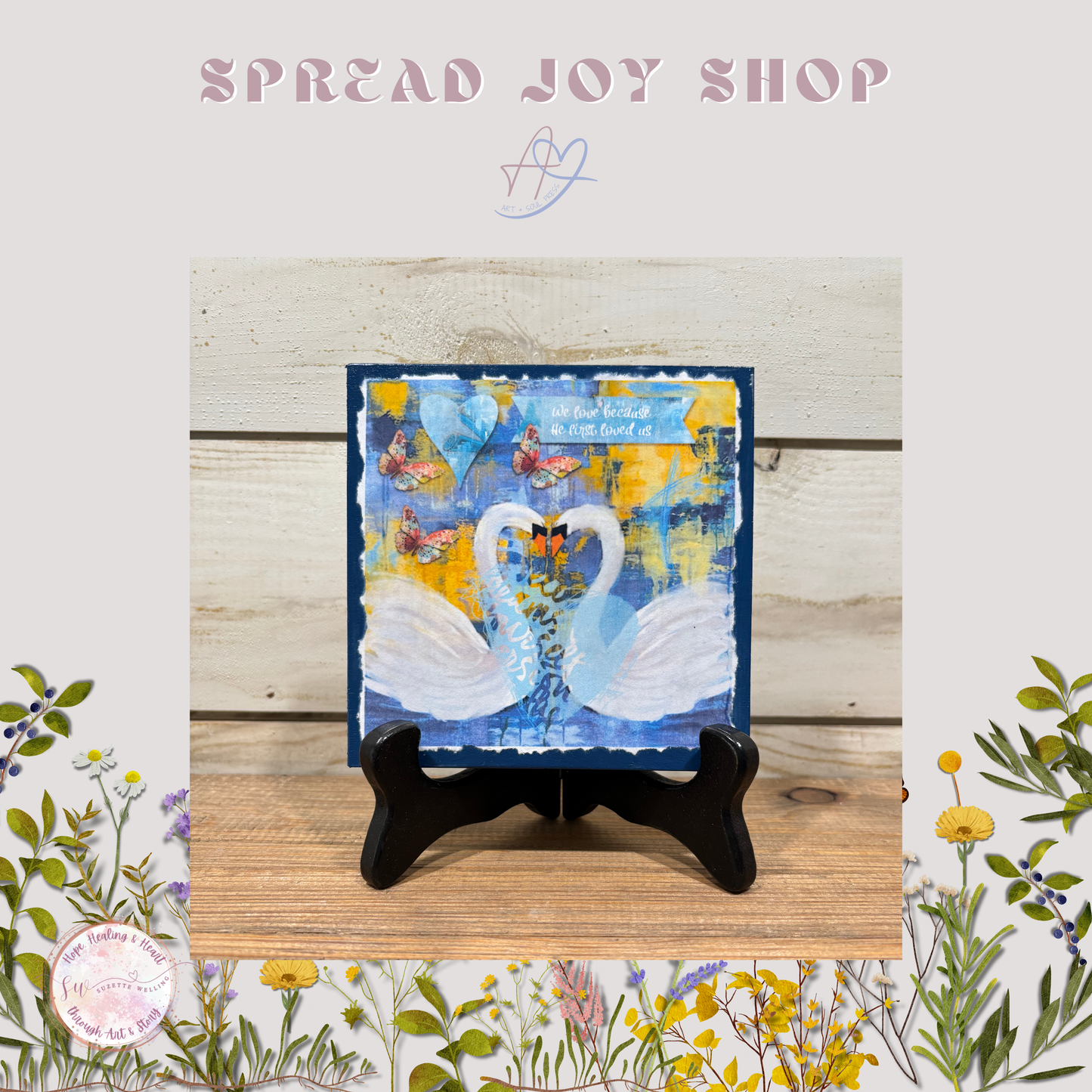 Love Lakeland Swan Art Plaque | “We Love Because He First Loved Us” Scripture