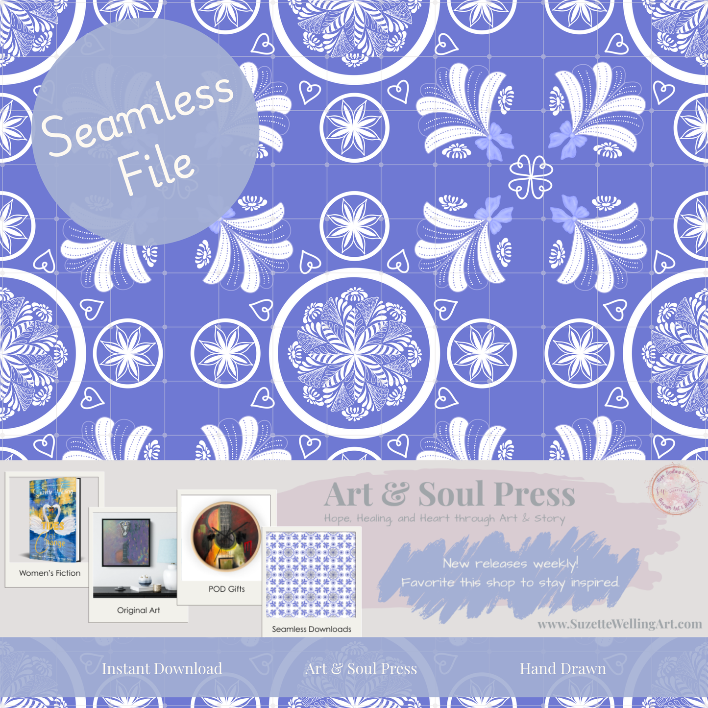 Coquette Blue Porcelain V2 Seamless File | Hand-Drawn Floral Tile Repeat | Digital Download for Sublimation, Fabric, Wallpaper, Scrapbooking