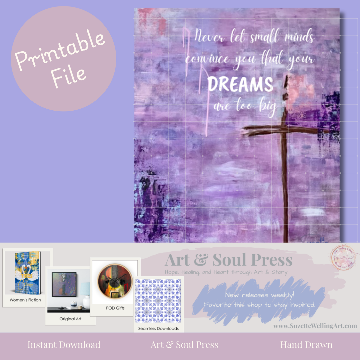 Peace be with You Purple Cross Printable Wall Art | "Never Let Small Minds..." Inspirational Quote | Faith-Based Digital Download | Word Art by Suzette