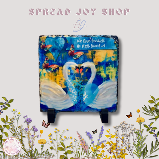 “We Love Because He First Loved Us” – Granite Art Plaque with Stand