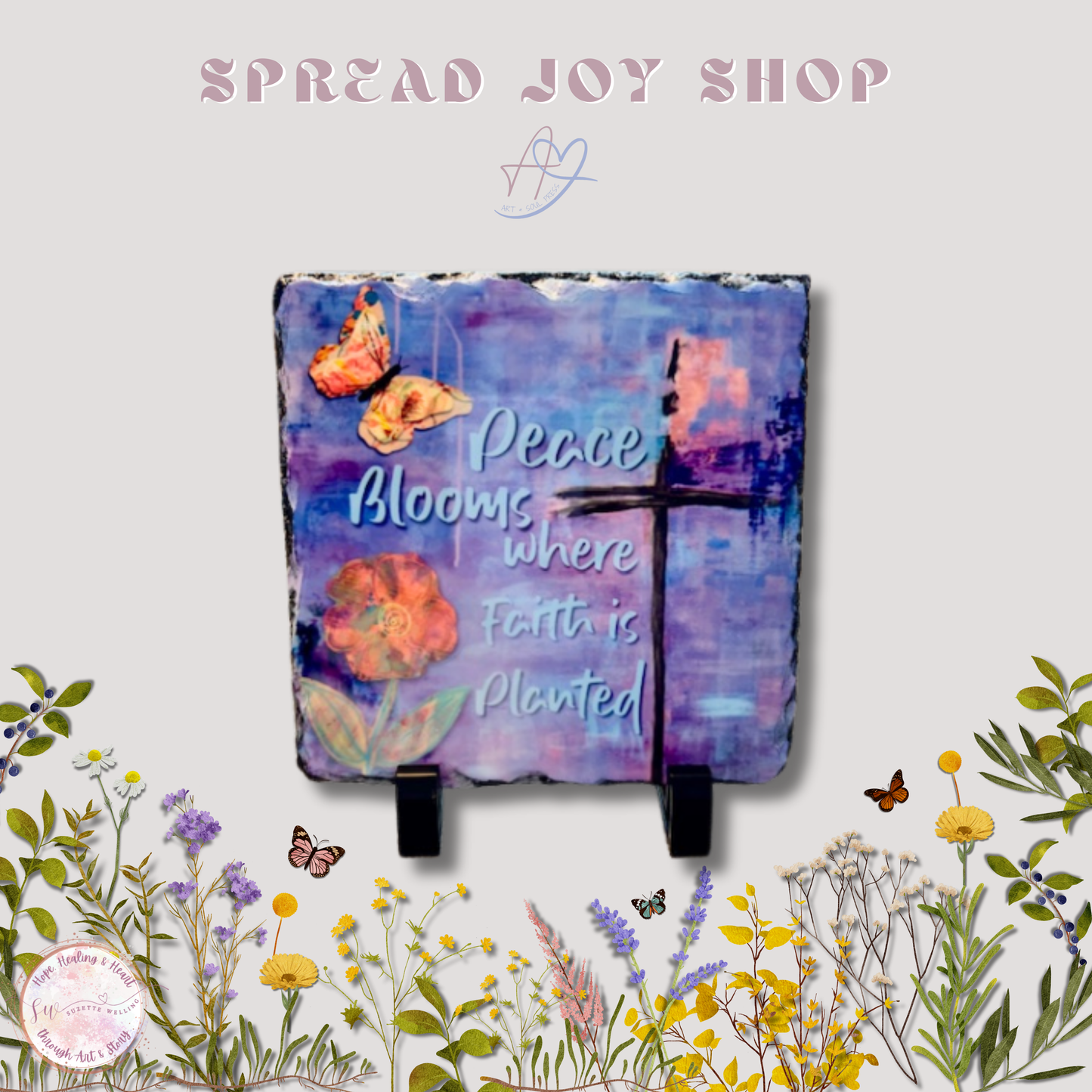 “Peace Blooms Where Faith Is Planted” – Granite Art Plaque with Stand