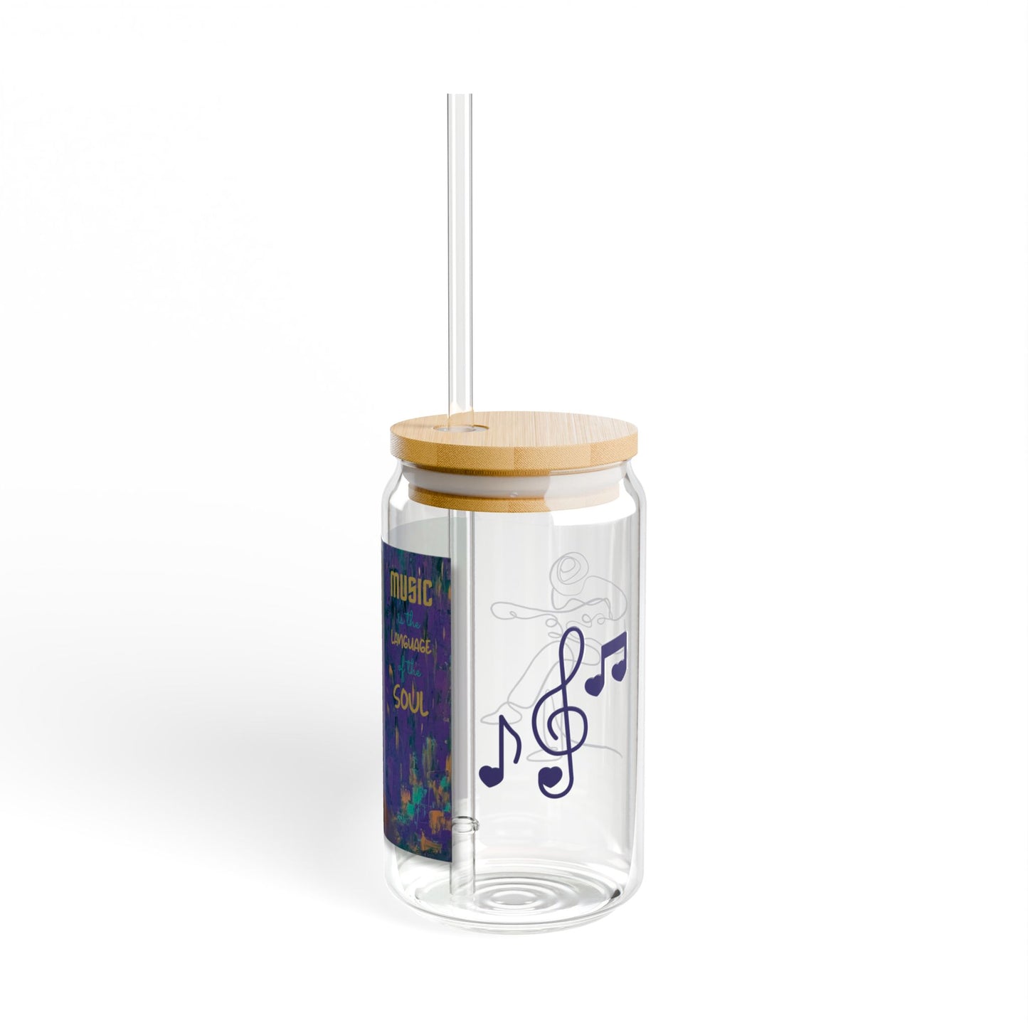 Music is the Language of the Soul Glass Can Cup | D’Angelico Guitar Design | 16oz Iced Coffee Cup with Bamboo Lid & Straw | Gift for Musicians