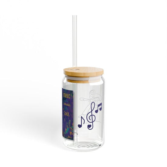 Music is the Language of the Soul Glass Can Cup | D’Angelico Guitar Design | 16oz Iced Coffee Cup with Bamboo Lid & Straw | Gift for Musicians