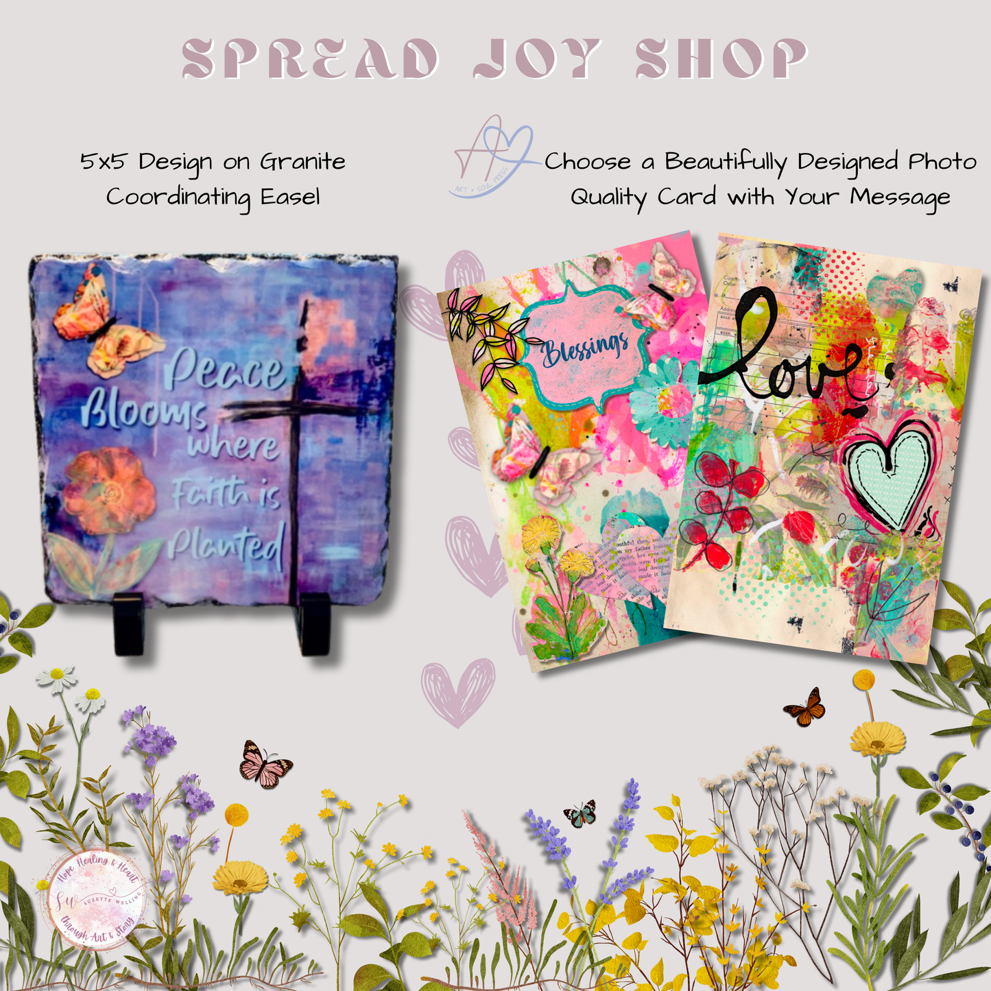 “Peace Blooms Where Faith Is Planted” – Granite Art Plaque with Stand