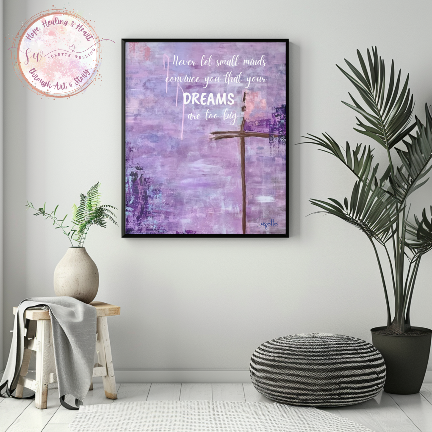 Peace be with You Purple Cross Printable Wall Art | "Never Let Small Minds..." Inspirational Quote | Faith-Based Digital Download | Word Art by Suzette