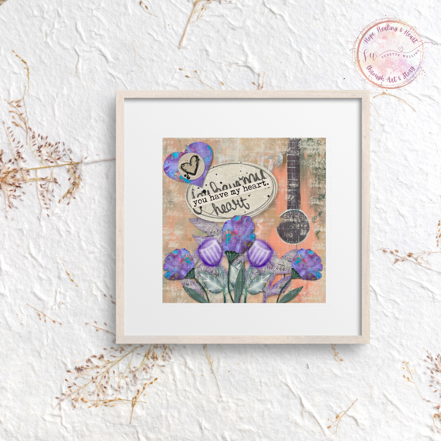 You Have My Heart – Printable Wall Art – Mixed Media Floral &amp; Guitar Design