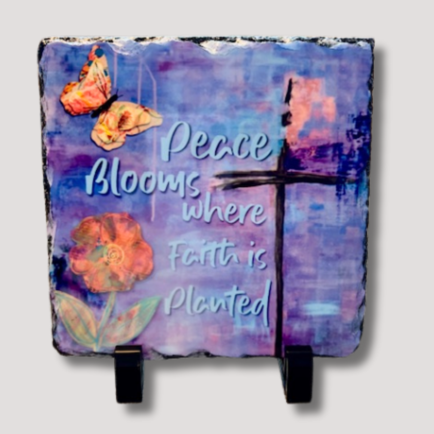 “Peace Blooms Where Faith Is Planted” – Granite Art Plaque with Stand