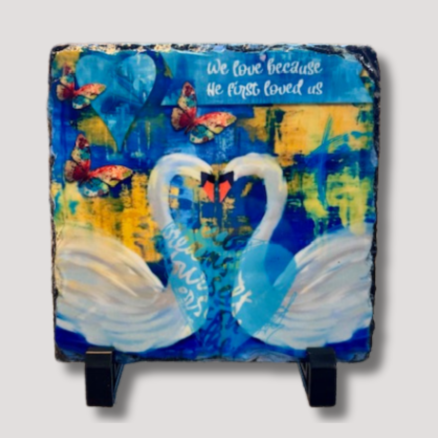 “We Love Because He First Loved Us” – Granite Art Plaque with Stand