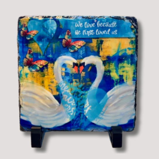 “We Love Because He First Loved Us” – Granite Art Plaque with Stand