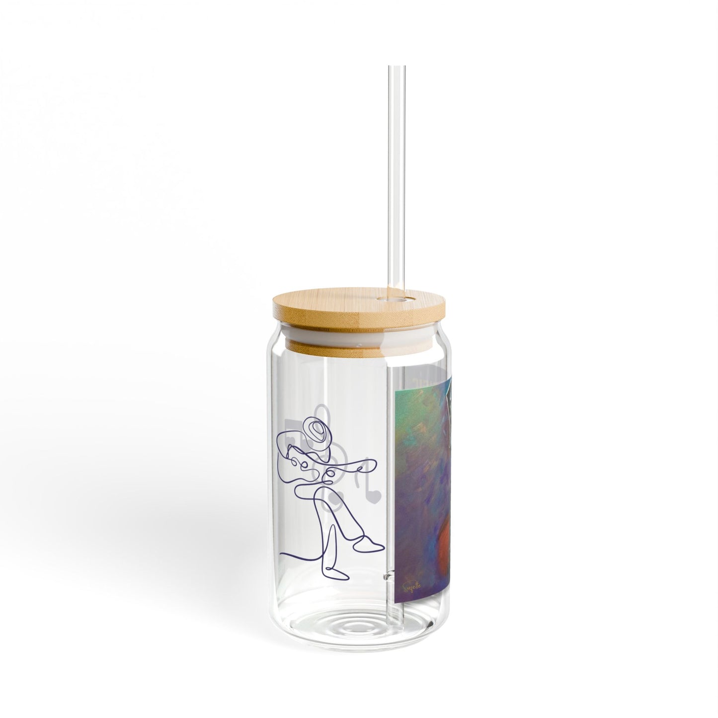 Music is the Language of the Soul Glass Can Cup | D’Angelico Guitar Design | 16oz Iced Coffee Cup with Bamboo Lid & Straw | Gift for Musicians