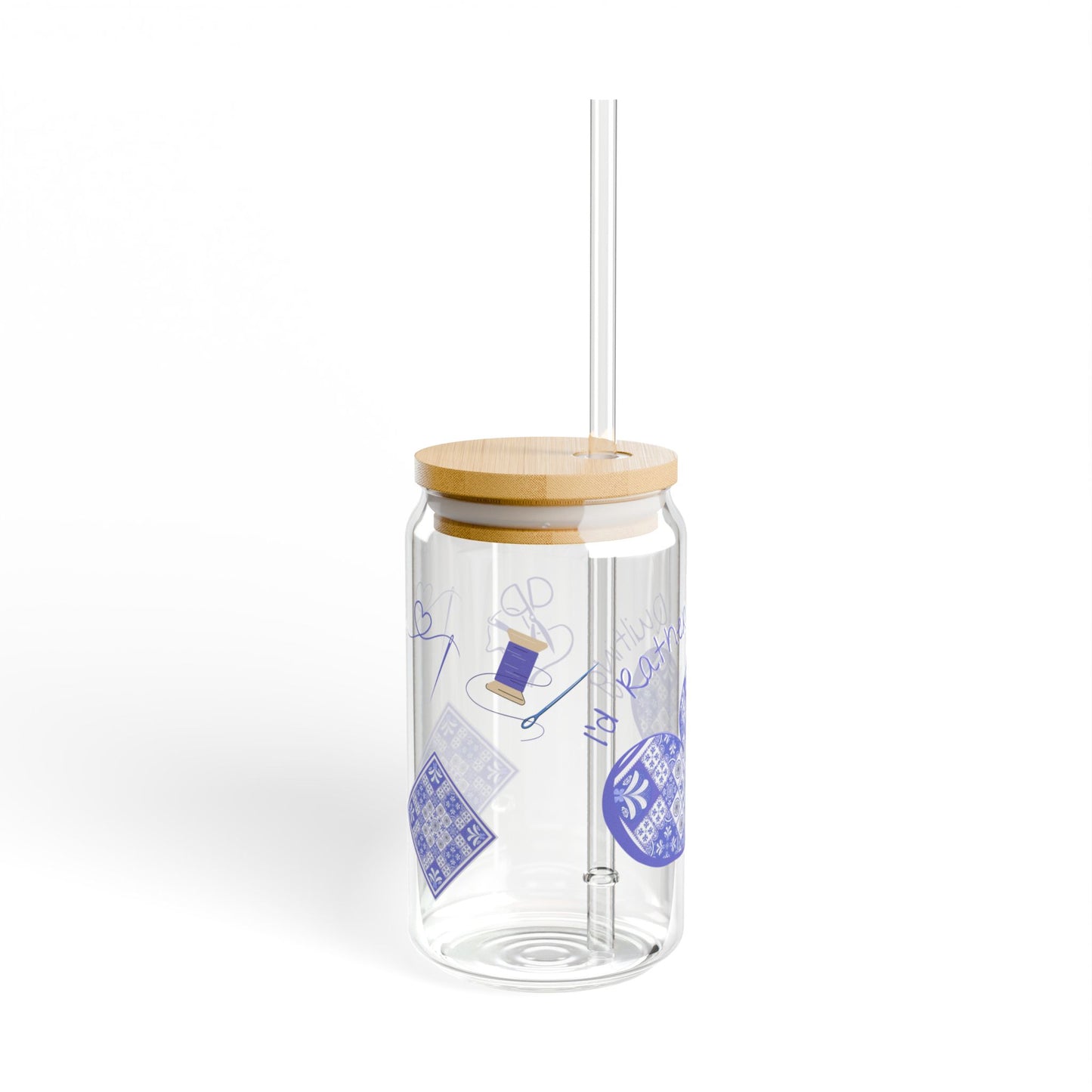I'd Rather Be Quilting Glass Can Cup | Coquette Blue Porcelain Original Design