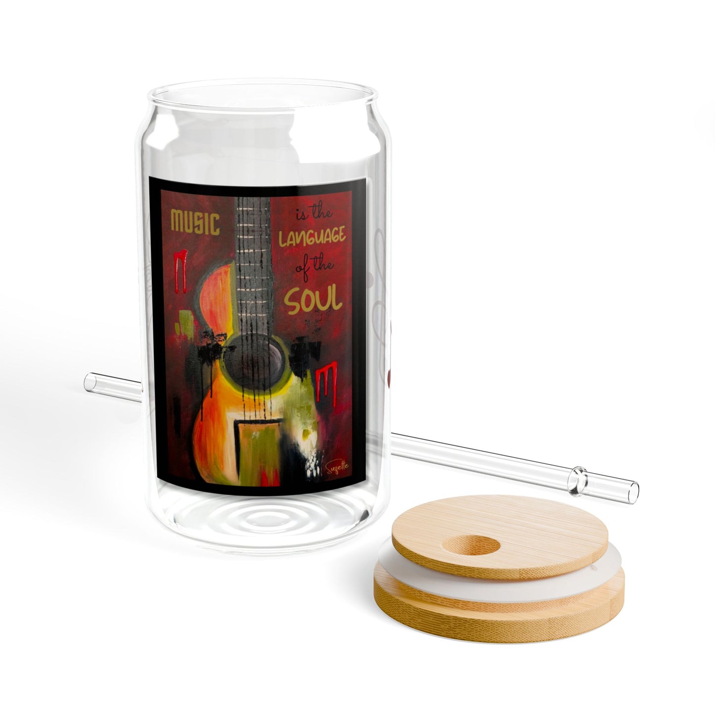 Music is the Language of the Soul Glass Can Cup | Red Passion Guitar Art | 16oz Iced Coffee Cup with Bamboo Lid & Straw | Gift for Musicians & Music Lovers