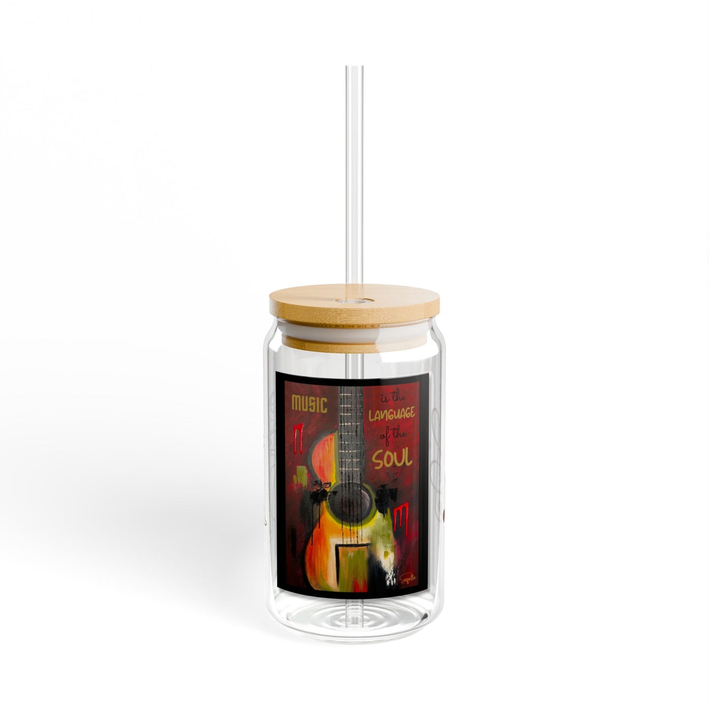 Music is the Language of the Soul Glass Can Cup | Red Passion Guitar Art | 16oz Iced Coffee Cup with Bamboo Lid & Straw | Gift for Musicians & Music Lovers