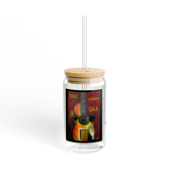 Music is the Language of the Soul Glass Can Cup | Red Passion Guitar Art | 16oz Iced Coffee Cup with Bamboo Lid & Straw | Gift for Musicians & Music Lovers