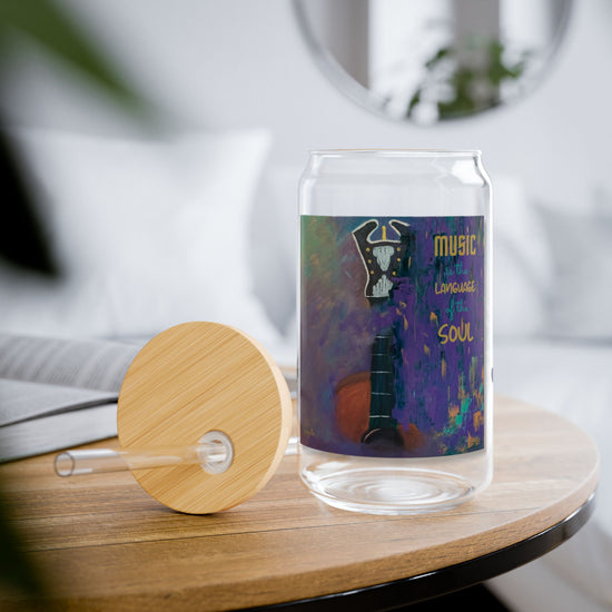 Music is the Language of the Soul Glass Can Cup | D’Angelico Guitar Design | 16oz Iced Coffee Cup with Bamboo Lid & Straw | Gift for Musicians
