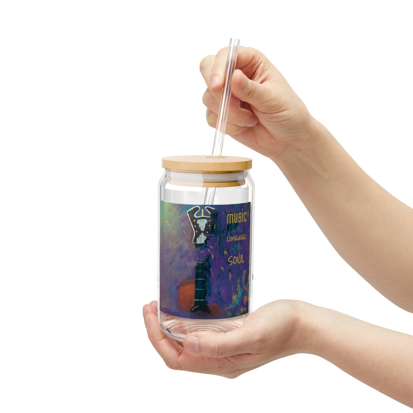 Music is the Language of the Soul Glass Can Cup | D’Angelico Guitar Design | 16oz Iced Coffee Cup with Bamboo Lid & Straw | Gift for Musicians