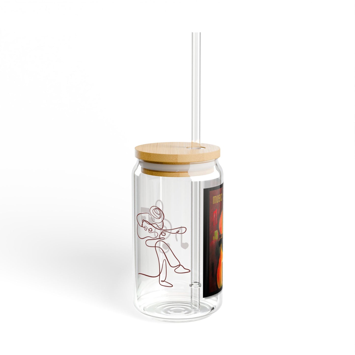Music is the Language of the Soul Glass Can Cup | Red Passion Guitar Art | 16oz Iced Coffee Cup with Bamboo Lid & Straw | Gift for Musicians & Music Lovers