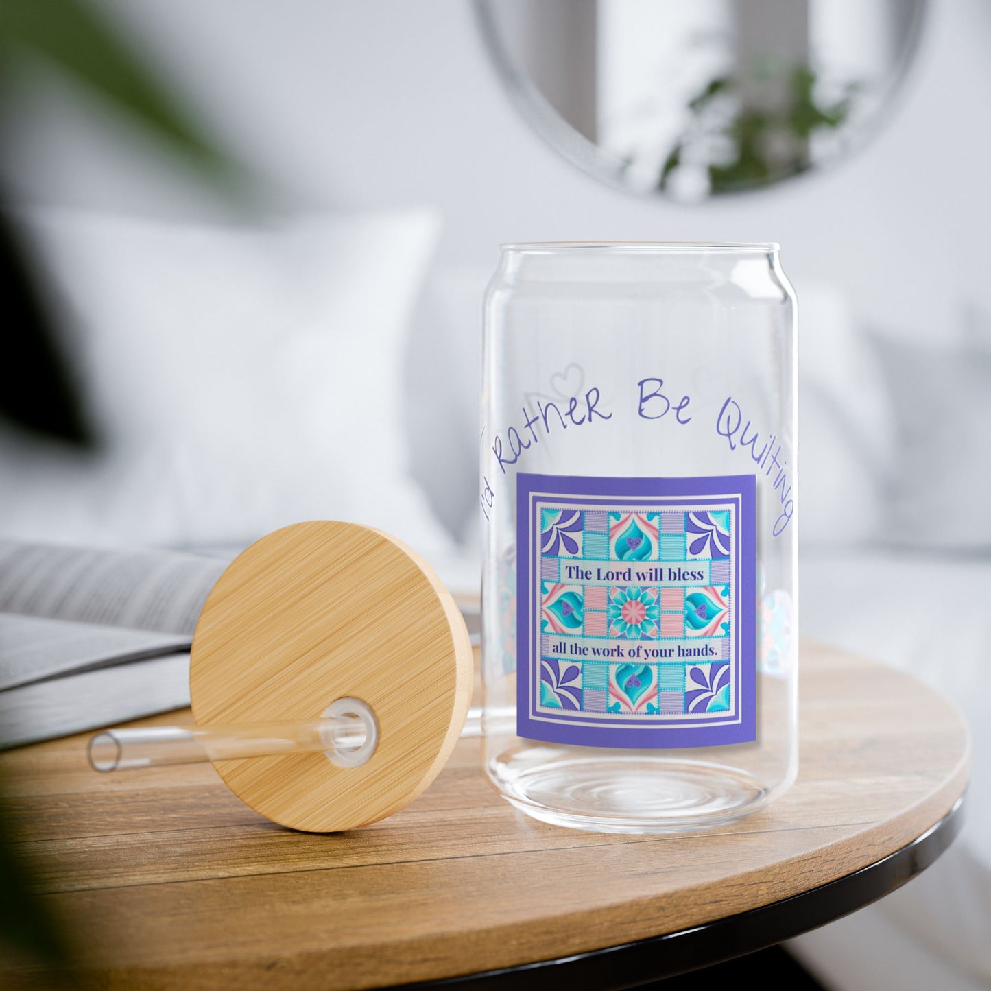 I'd Rather Be Quilting Glass Can Cup | Coquette Retro Heart Original Design