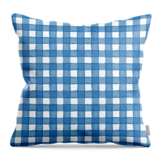 Folk Blossom Garden Blue Gingham - Throw Pillow