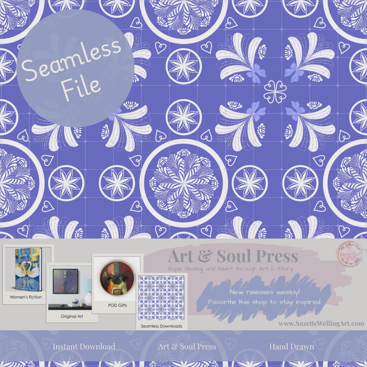 Load and play video in Gallery viewer, Coquette Blue Porcelain V2 Seamless File | Hand-Drawn Floral Tile Repeat | Digital Download for Sublimation, Fabric, Wallpaper, Scrapbooking
