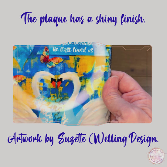 Load and play video in Gallery viewer, “We Love Because He First Loved Us” – Granite Art Plaque with Stand
